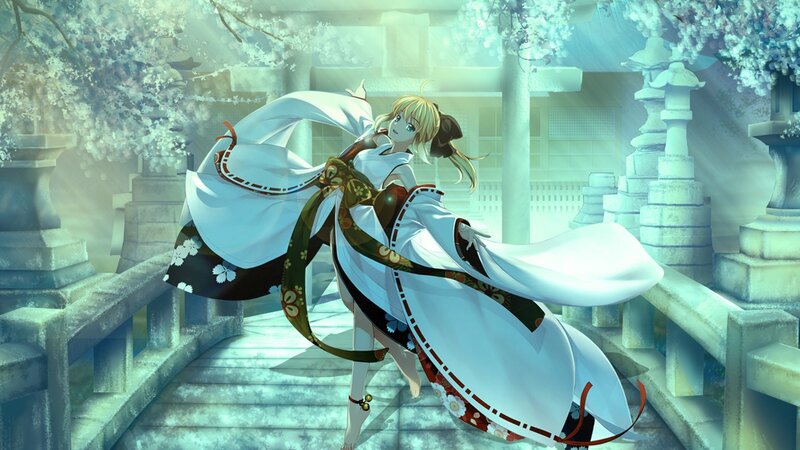 Blonde Anime Girl in Kimono — White, Serene, Spring
