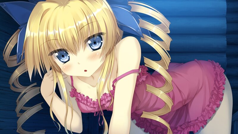 blonde anime girl in pink dress