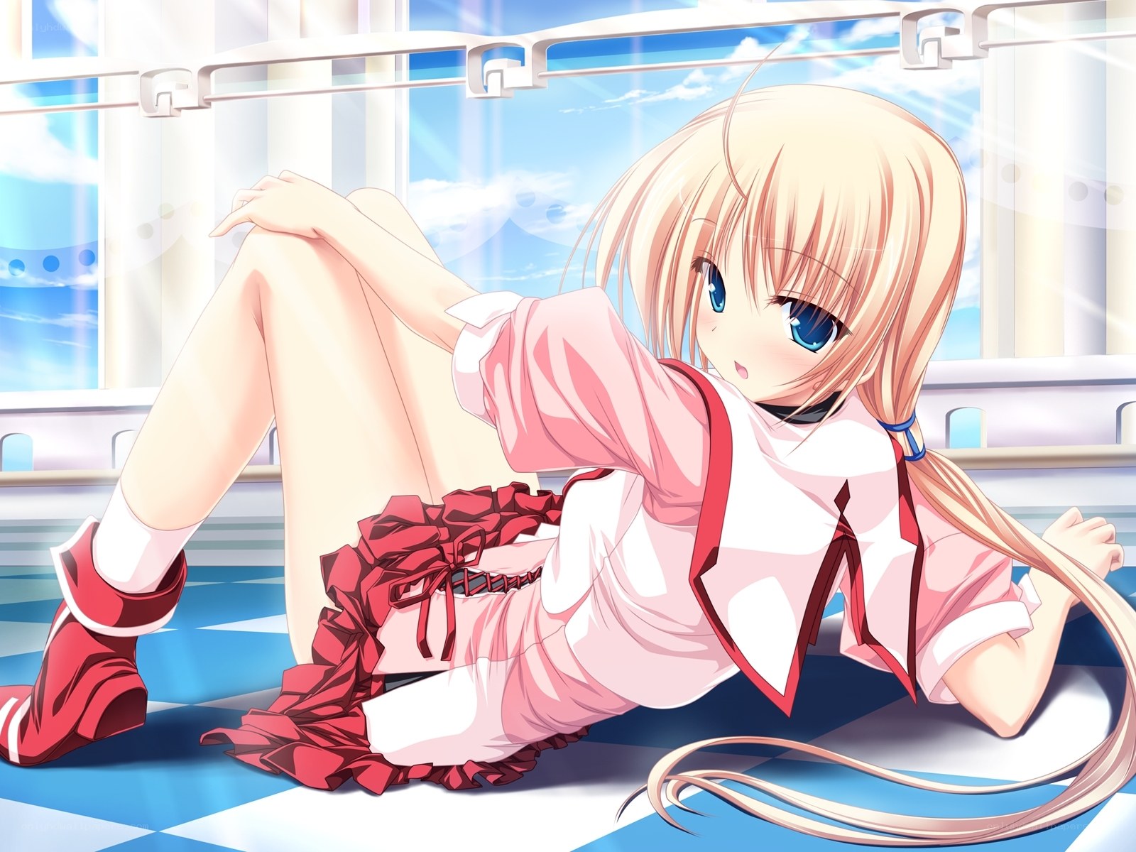 blonde anime girl in pink dress