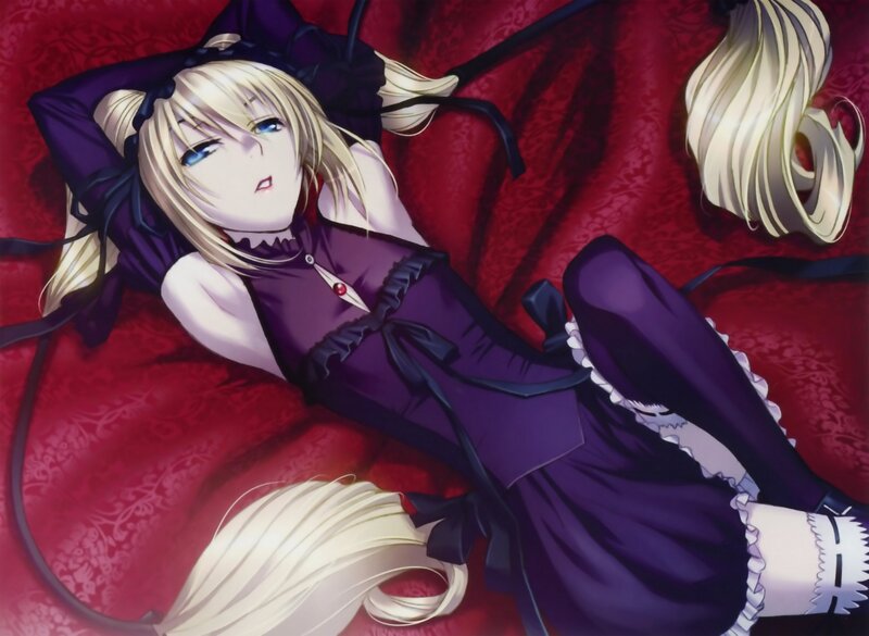 blonde anime girl in purple dress