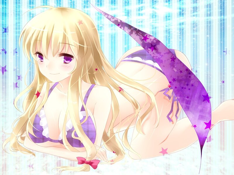 blonde anime girl in purple swimsuit