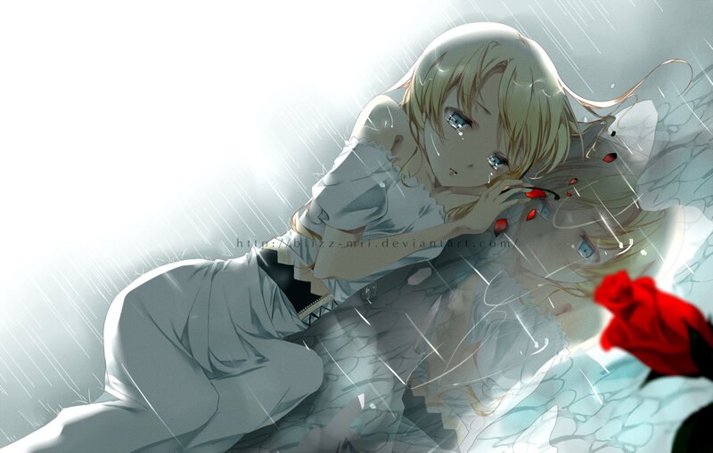 Blonde Anime Girl in Rain — White, Dramatic