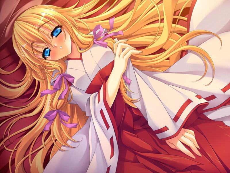 blonde anime girl in red and white