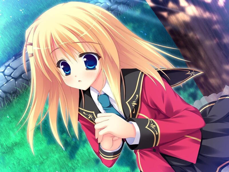 blonde anime girl in red coat