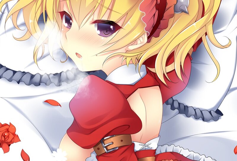 blonde anime girl in red dress