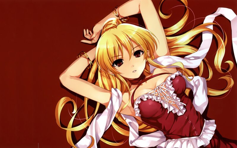 blonde anime girl in red dress