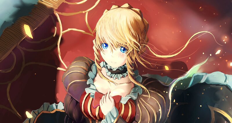 blonde anime girl in red dress