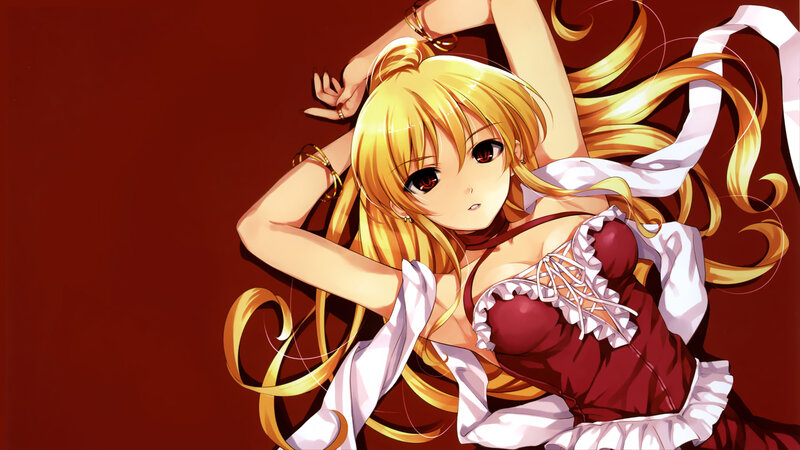 blonde anime girl in red dress