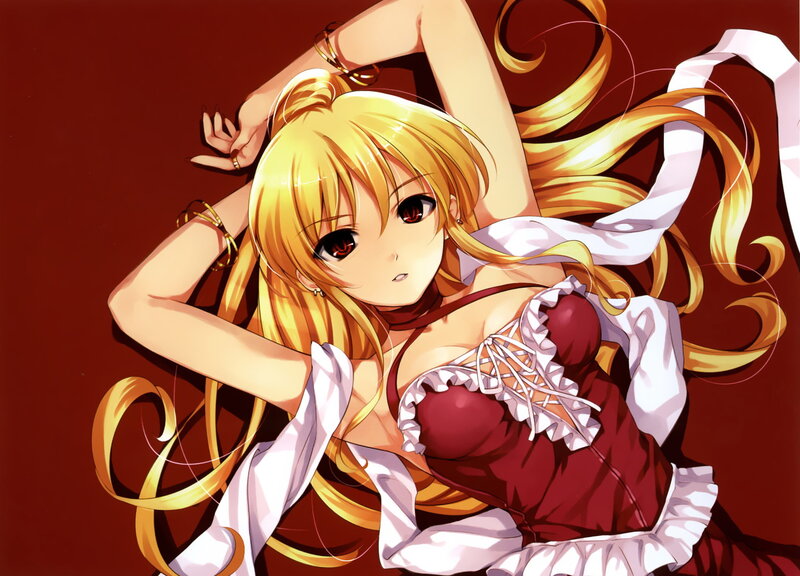 blonde anime girl in red dress
