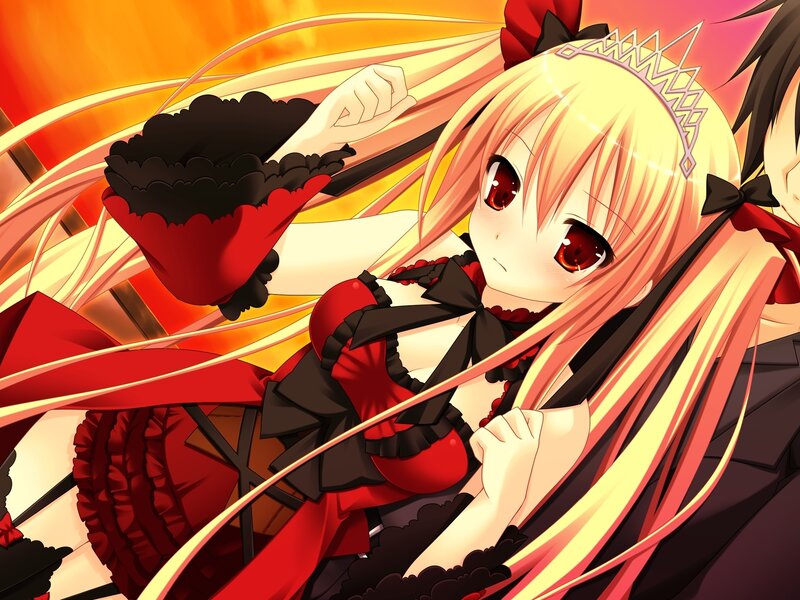 blonde anime girl in red dress