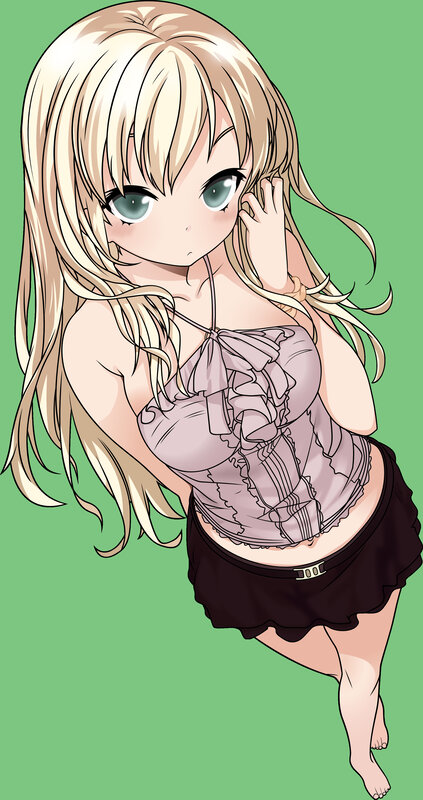 blonde anime girl in ruffled top