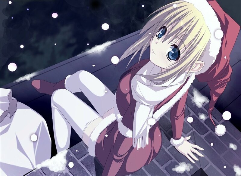 Blonde Anime Girl in Santa Outfit — White