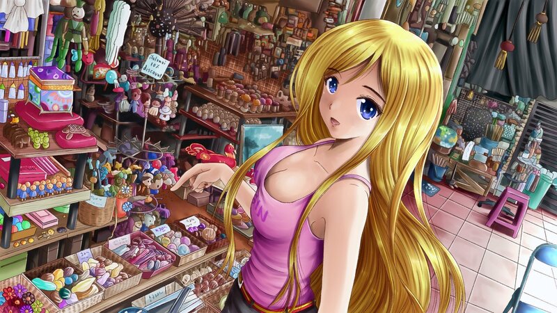 Blonde Anime Girl in Shop — Yellow