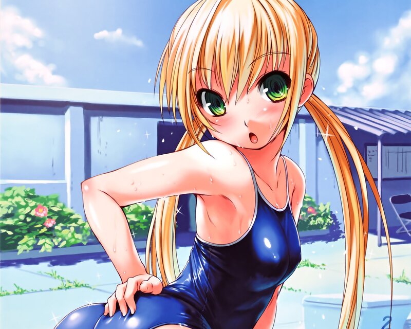 Blonde Anime Girl in Swimsuit — Blue, Bright, Afternoon