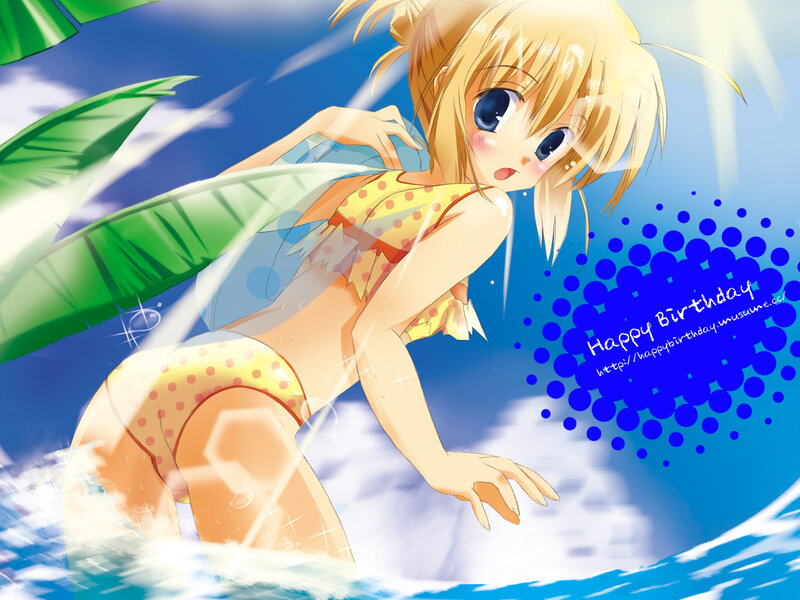 Blonde Anime Girl in Swimsuit — Blue, Playful, Summer