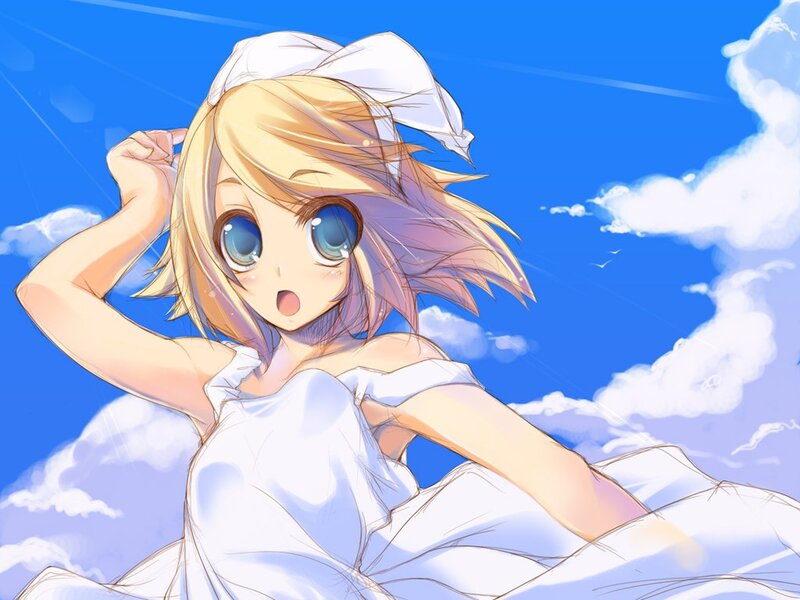 blonde anime girl in white dress