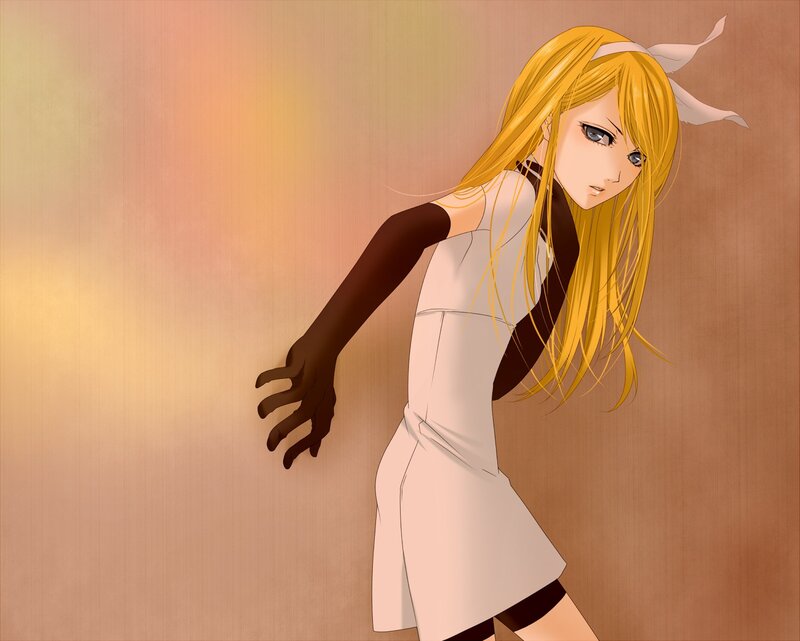 blonde anime girl in white dress