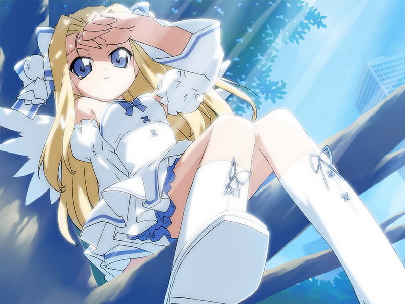 blonde anime girl in white dress
