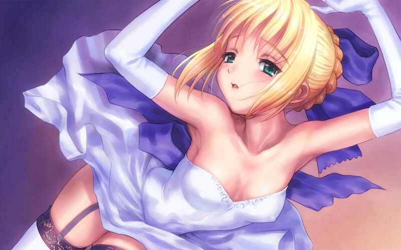 blonde anime girl in white dress