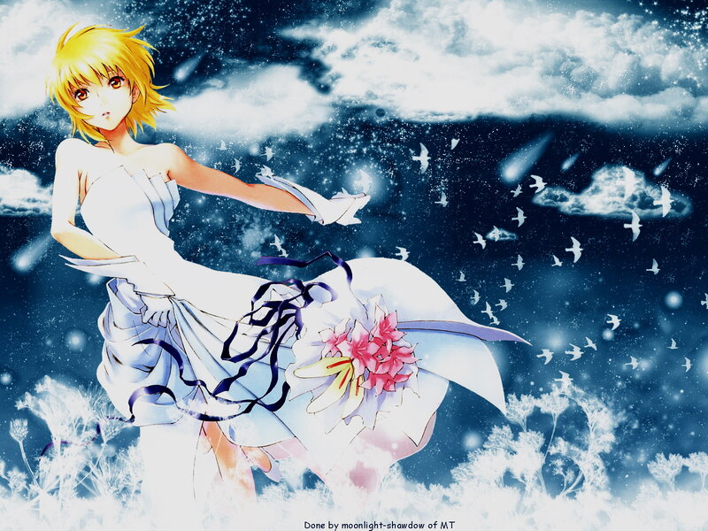 Blonde Anime Girl in White Dress — Blue, Dreamy