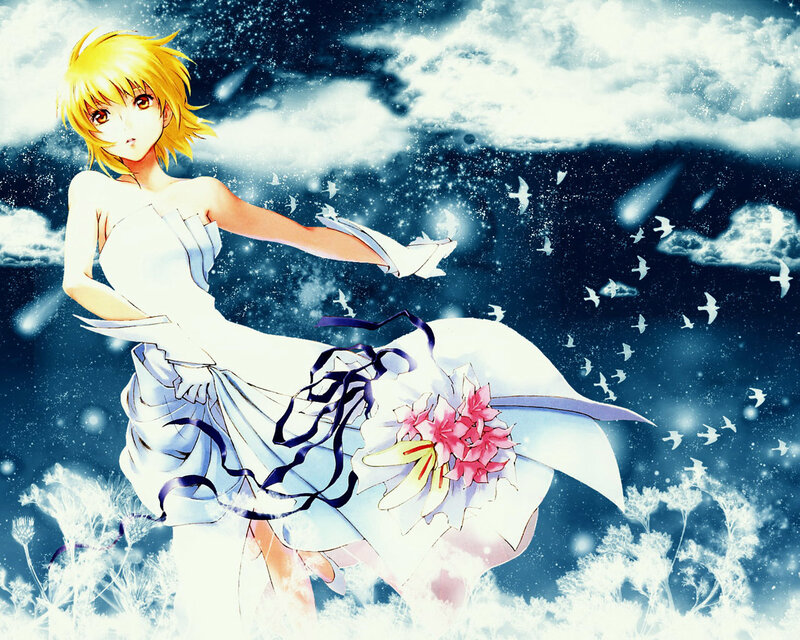 Blonde Anime Girl in White Dress — Blue