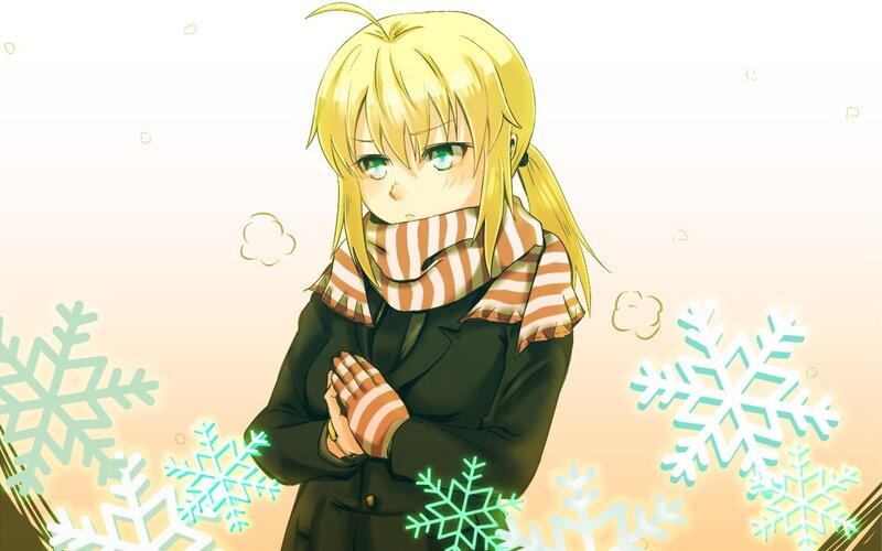 blonde anime girl in winter