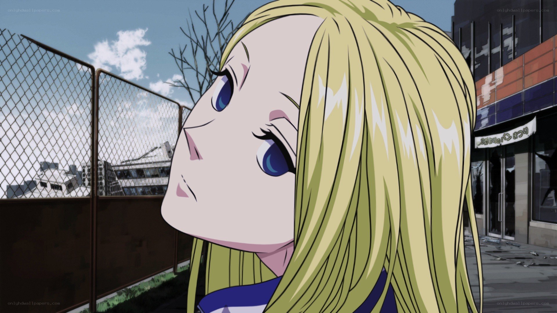 blonde anime girl looking up