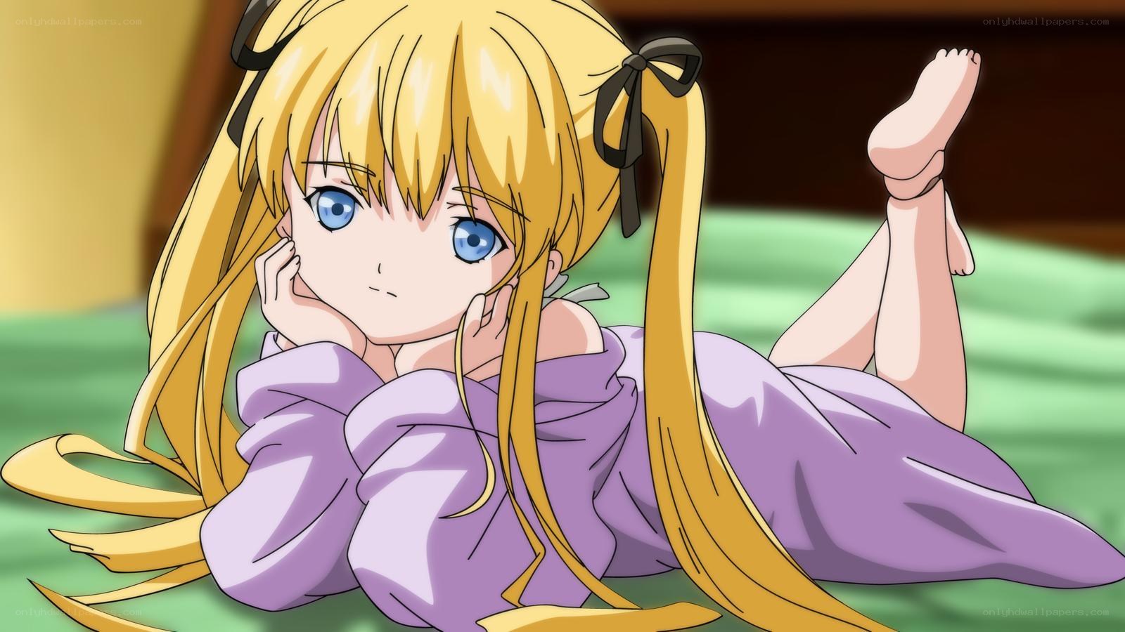 blonde anime girl lying down
