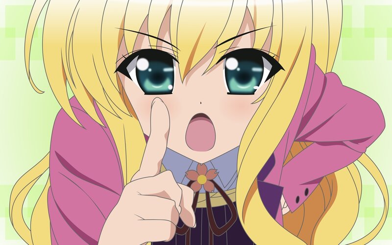 blonde anime girl making shush gesture