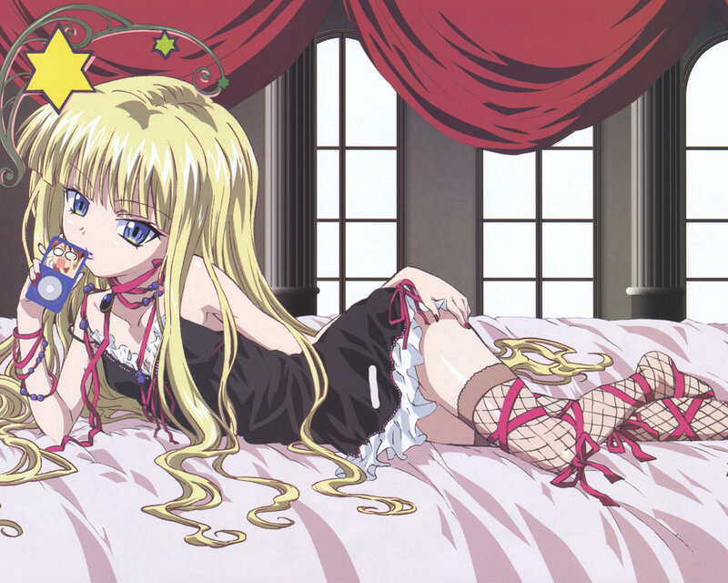 blonde anime girl on bed