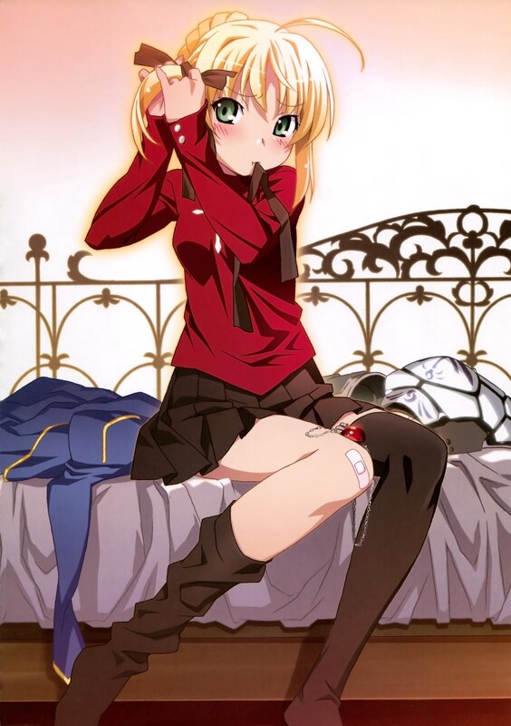 blonde anime girl on bed
