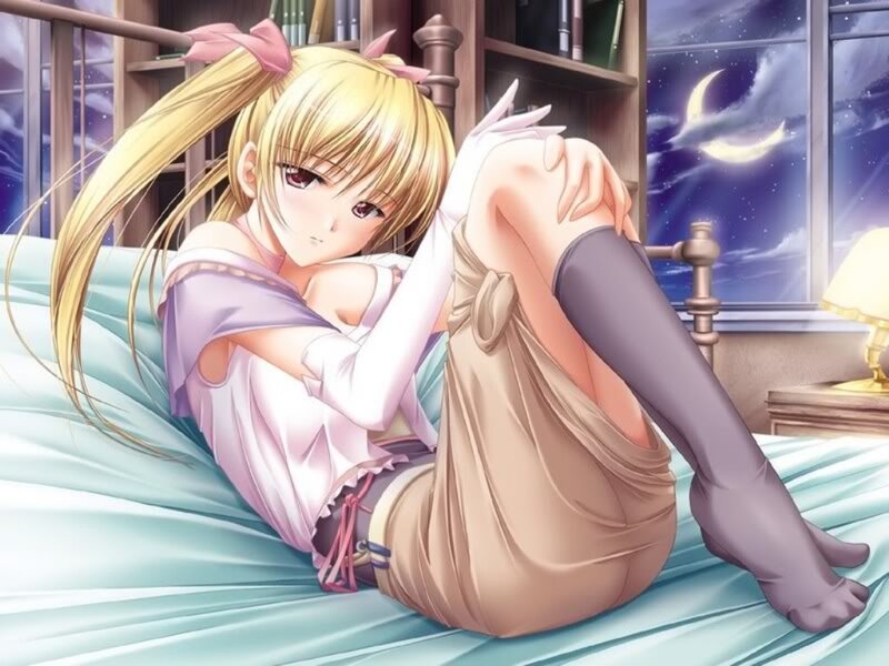Blonde Anime Girl on Bed — Blue, Calm