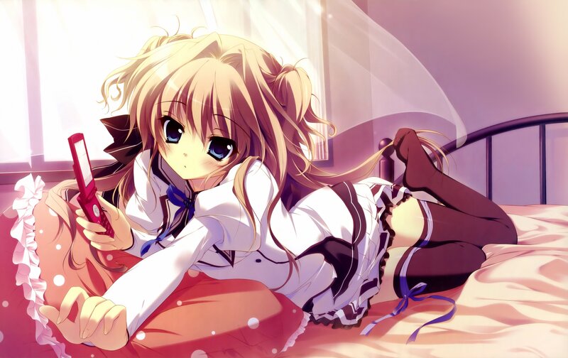 Blonde Anime Girl on Bed — White