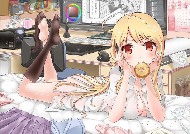 Blonde Anime Girl on Bed — Yellow, Relaxed, Desk