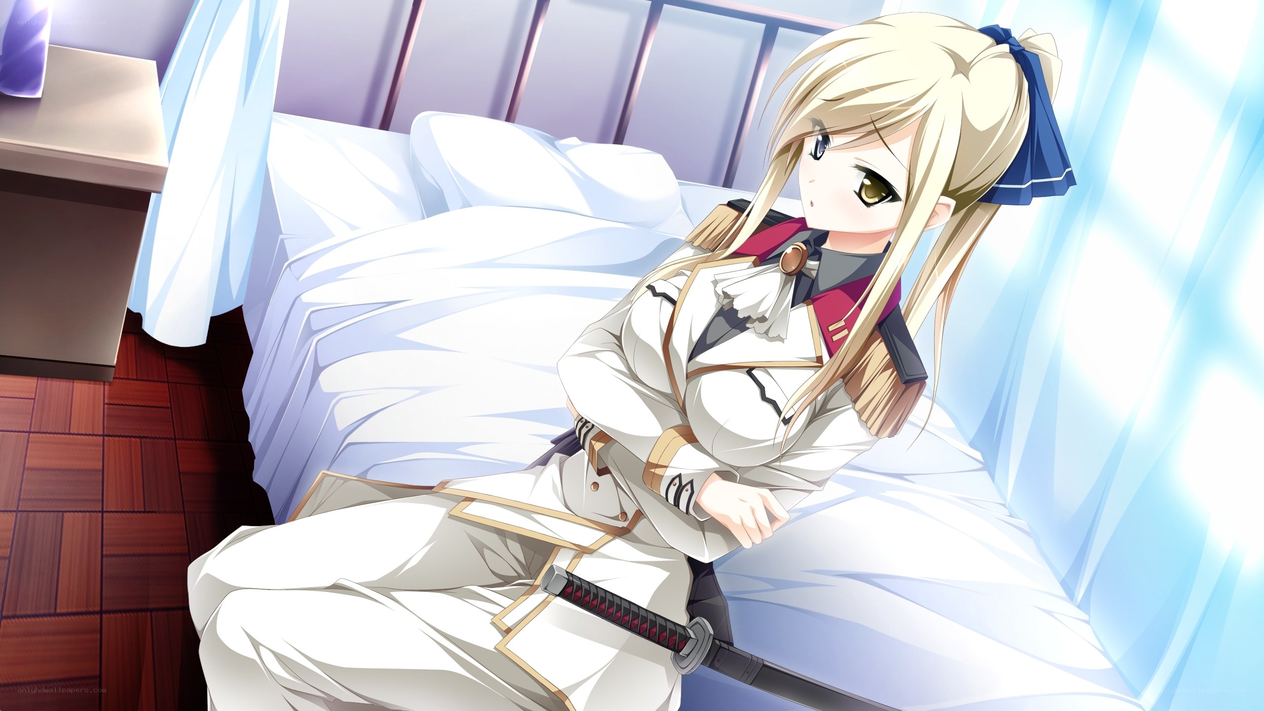 blonde anime girl on bed
