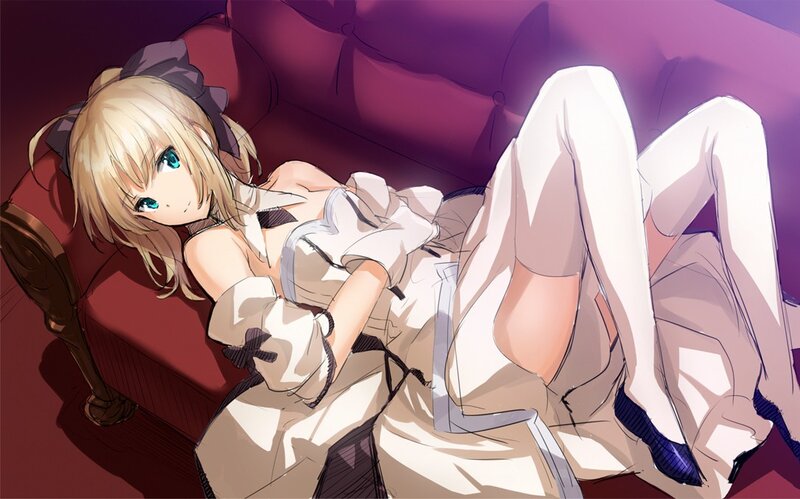 Blonde Anime Girl on Couch — Red, Relaxed
