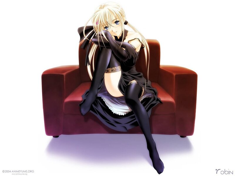 blonde anime girl on red couch