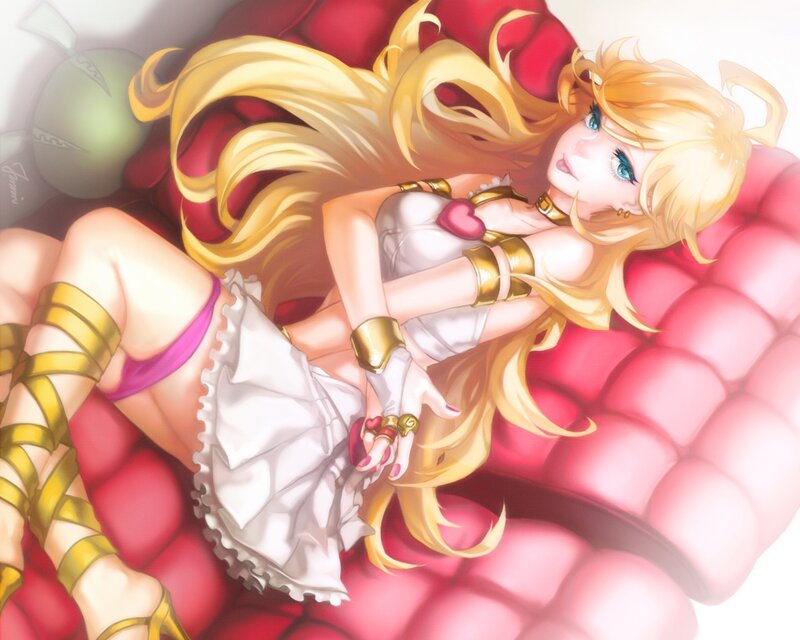 blonde anime girl on red couch