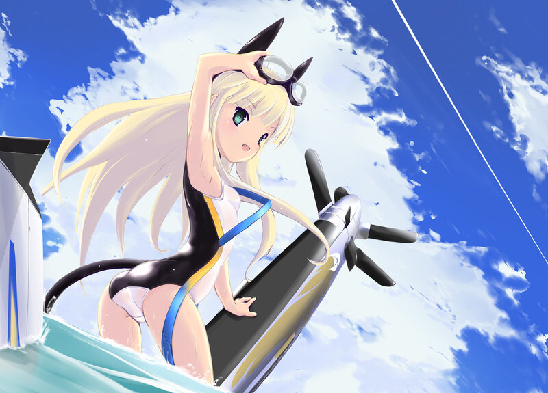 blonde anime girl on surfboard