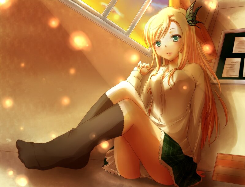 Blonde Anime Girl — Orange, Calm, Sunset, Window