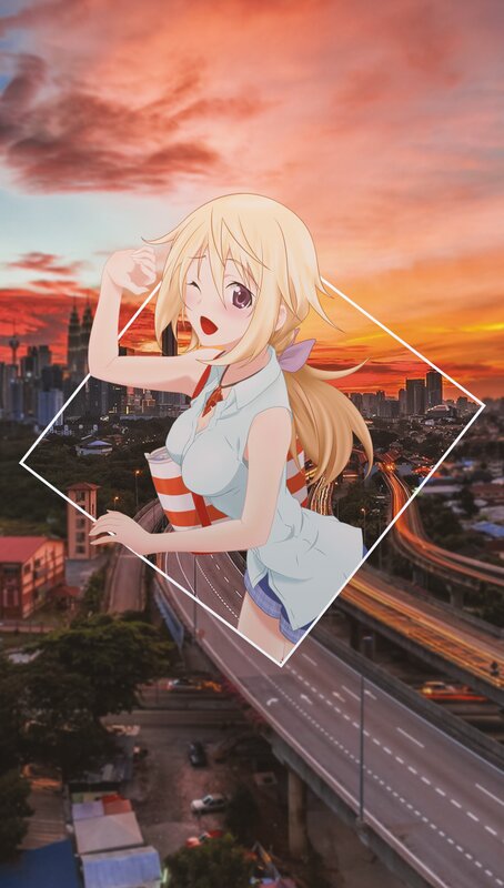 Blonde Anime Girl — Orange, Dramatic, Sunset, Cityscape, Highway