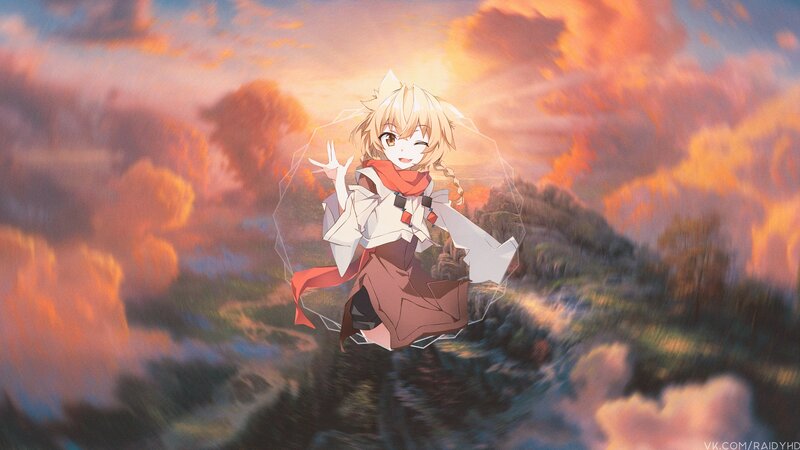 Blonde Anime Girl — Orange, Dramatic, Sunset, Scarf
