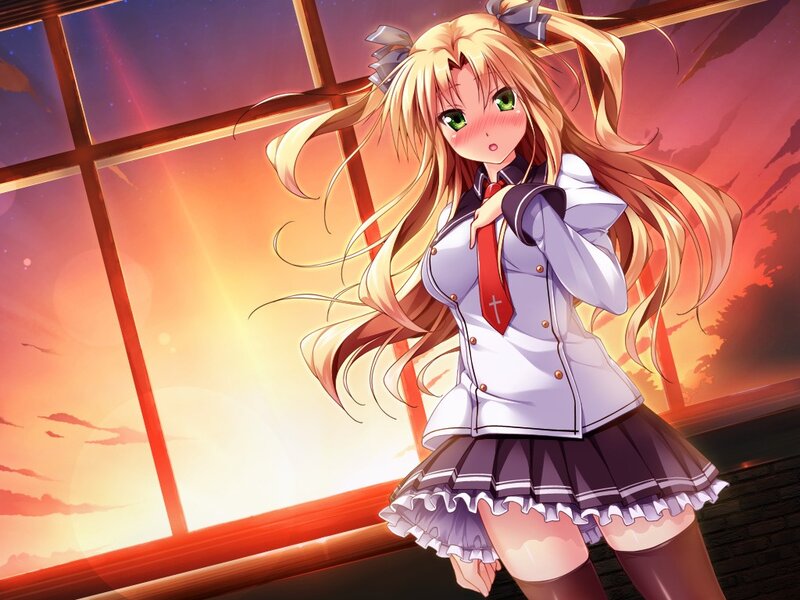 Blonde Anime Girl — Orange, Dramatic, Sunset, School Uniform, Window