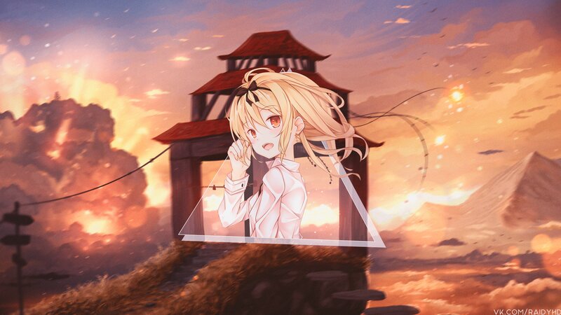 Blonde Anime Girl — Orange, Dramatic, Sunset, Tower