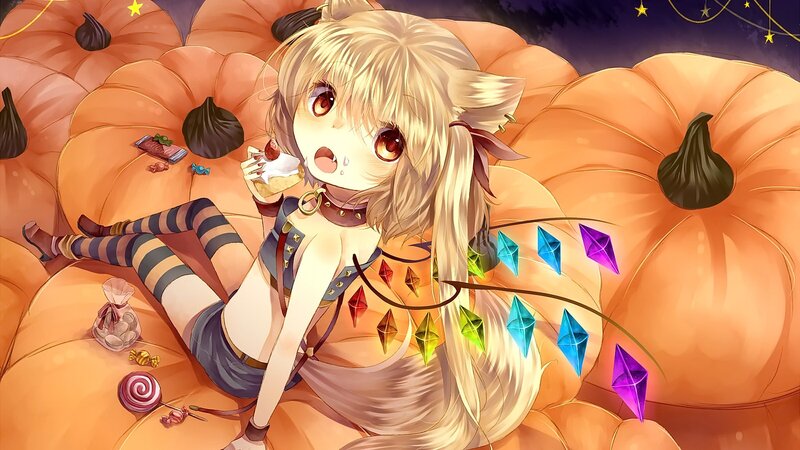 Blonde Anime Girl — Orange, Playful, Night, Digital Art