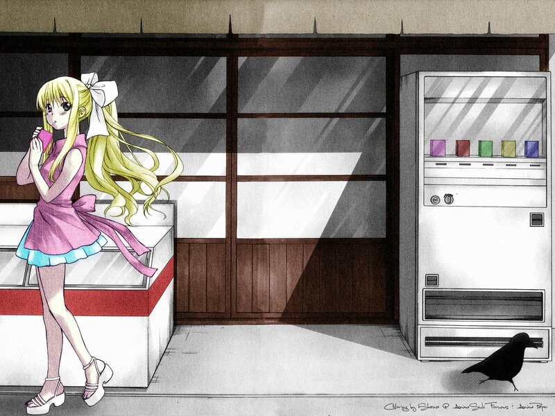 Blonde Anime Girl — Pink, Calm, Afternoon, Vending Machine