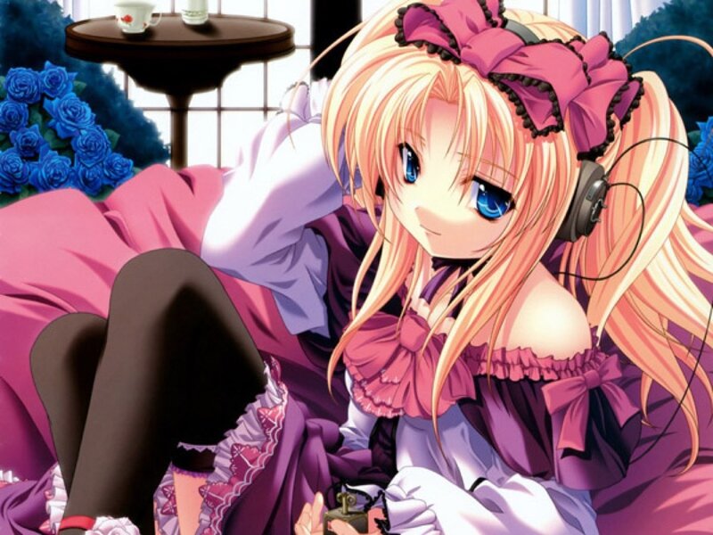 Blonde Anime Girl — Pink, Calm, Headphones, Roses, Tea Set