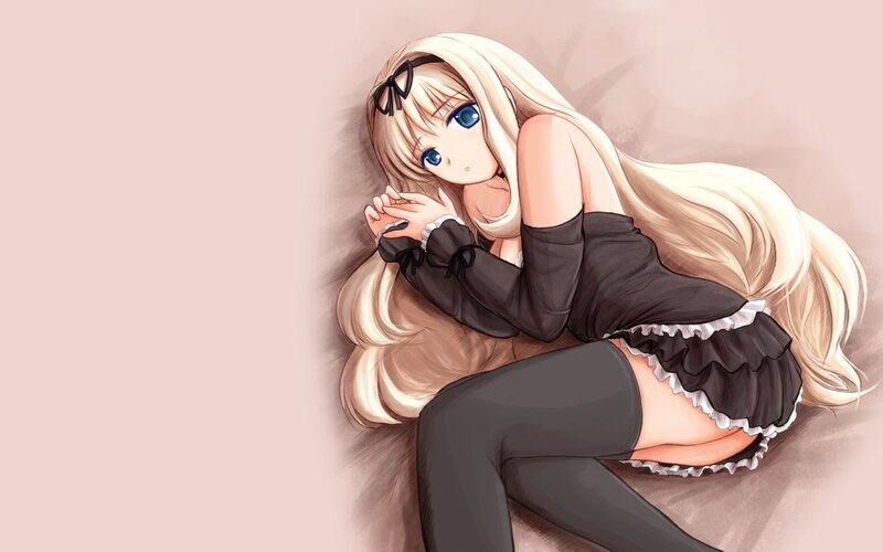 Blonde Anime Girl — Pink, Calm, Long Hair, Black Dress