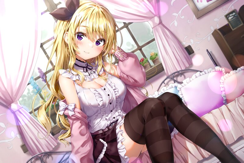 Blonde Anime Girl — Pink, Calm, Morning, Bed