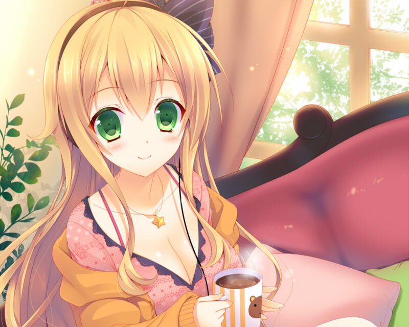 Blonde Anime Girl — Pink, Calm, Morning, Coffee Cup